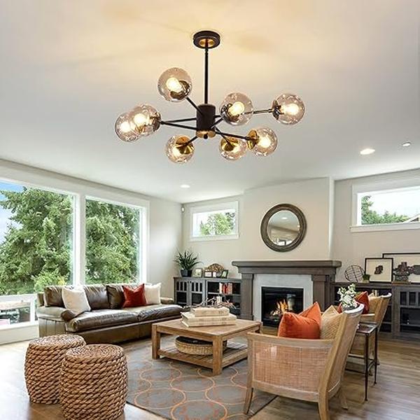 Suspension K919-8 – 8 Lampes – Finition Noire & Verre Fumé – Ampoules E27