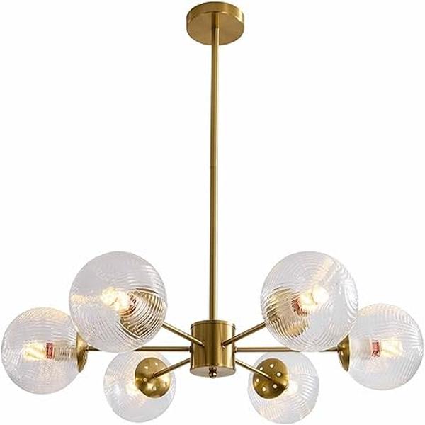 Suspension K919-6 – 6 Lampes – Finition Dorée & Verre Ambré – Ampoules E27