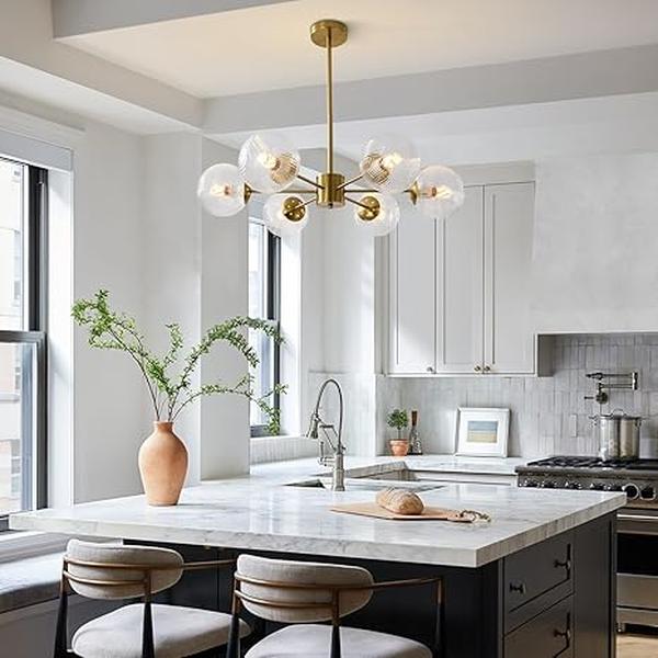 Suspension K919-8 – 8 Lampes – Finition Dorée & Verre Ambré – Ampoules E27