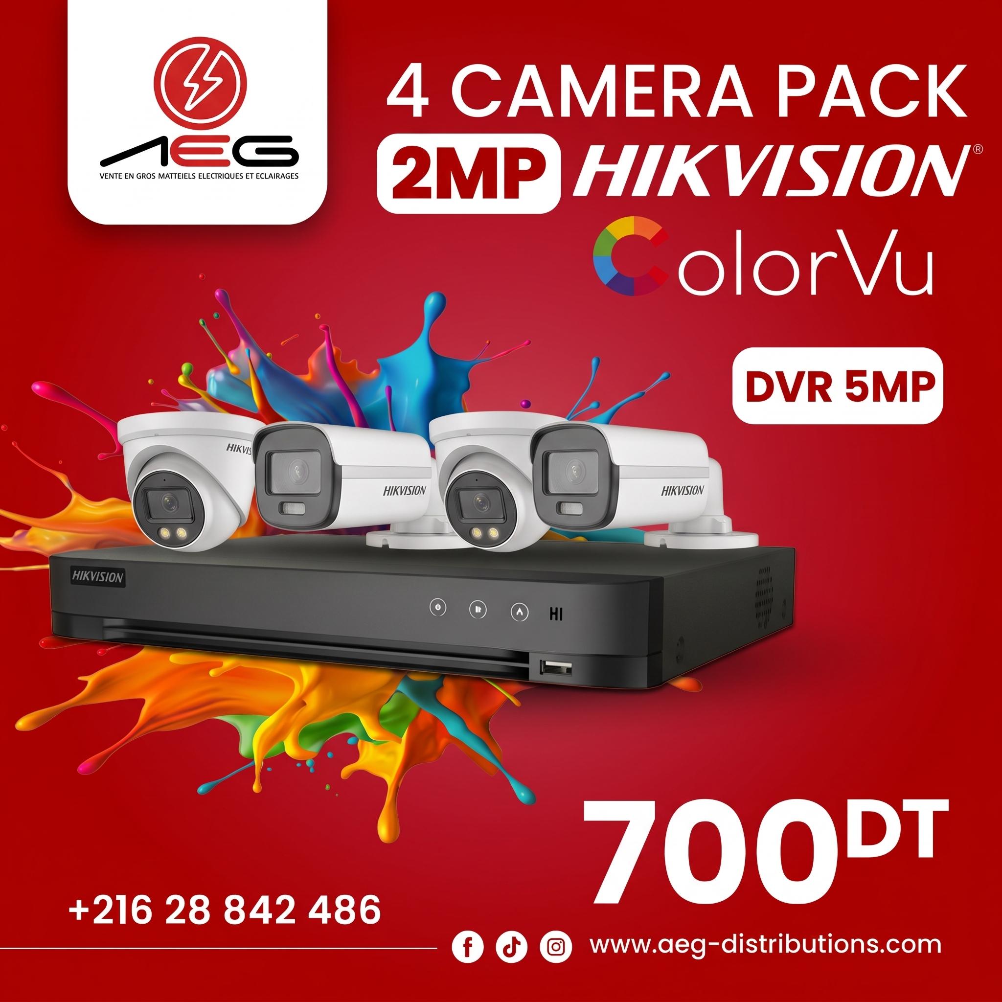 Pack 4 Caméras Hikvision ColorVu (2 MP) + DVR 5MP
